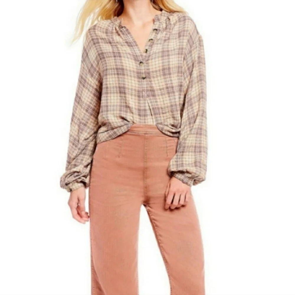 Free People Northern Bound Oversized Flannel Balloon Sleeve Top in Beige Combo